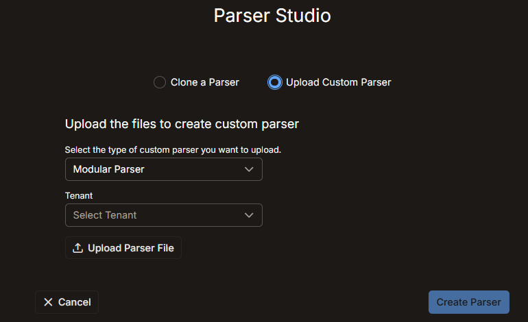 Select the image to expand and collapse it. Screen capture of the "Upload Custom Parser" option in Parser Studio for Modular Parser (EAP)